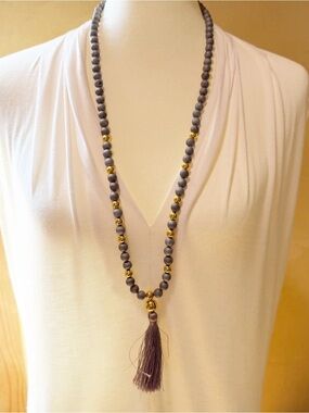 Gorjana Hannah Druzy Gray Stone Beaded Tassel Necklace